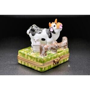 Limoges France Peint Main Trinket Box Cow Milk Can Farm Hand Painted Hinged 🖤🤍